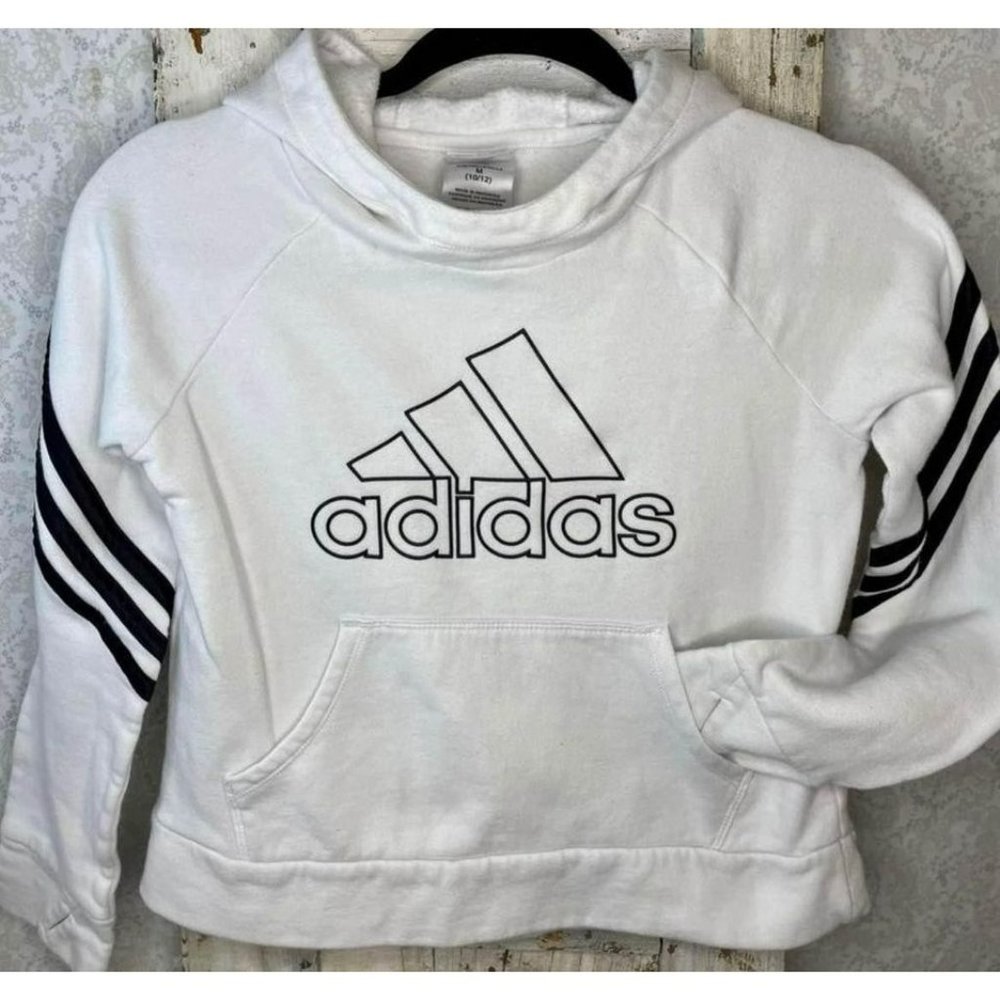 Adidas Girl's Hooded Sweatshirt Slightly Cropped White & Black Girl's Medium